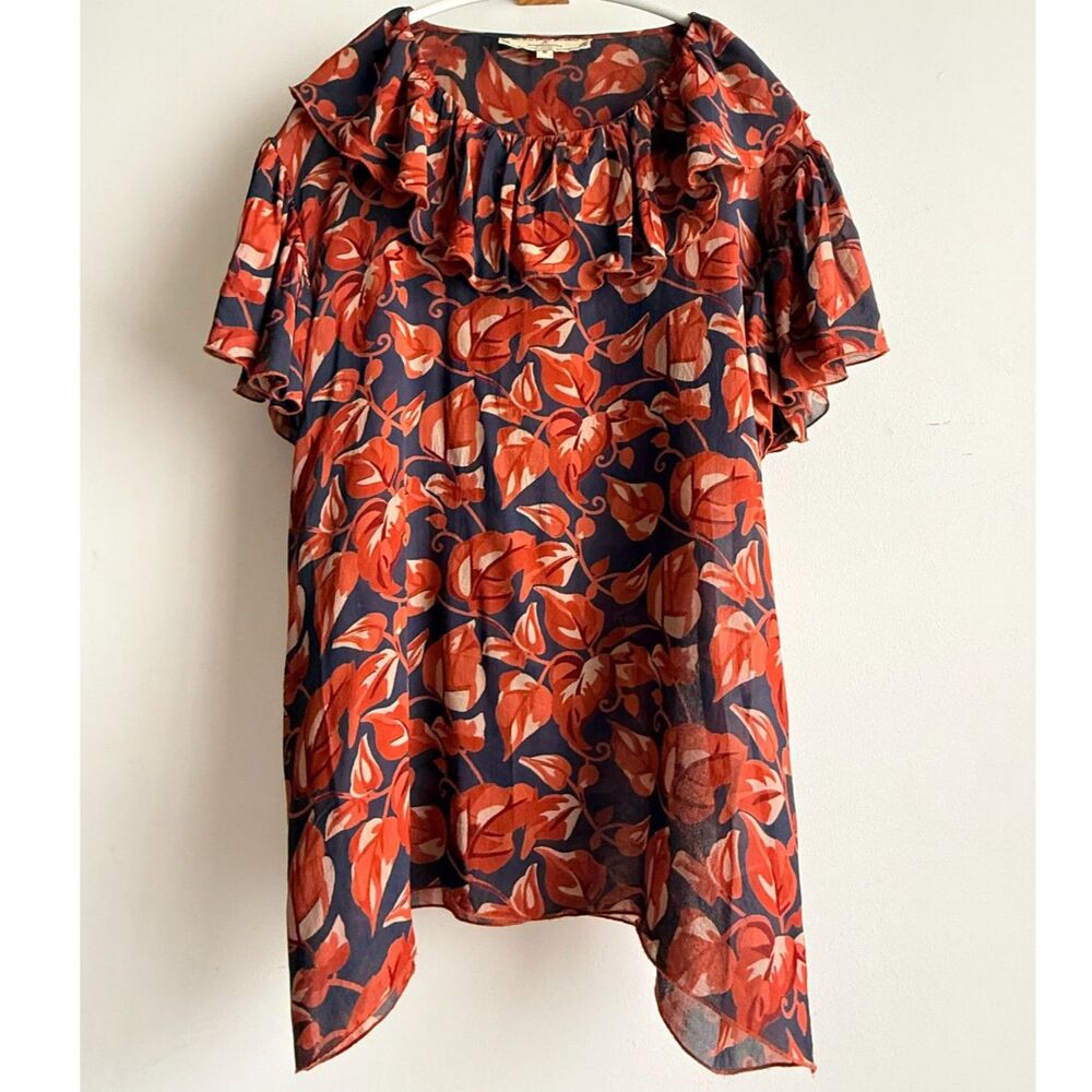 Anthropologie - sheer 100% silk blue & orange leaf patterned blouse - W 8